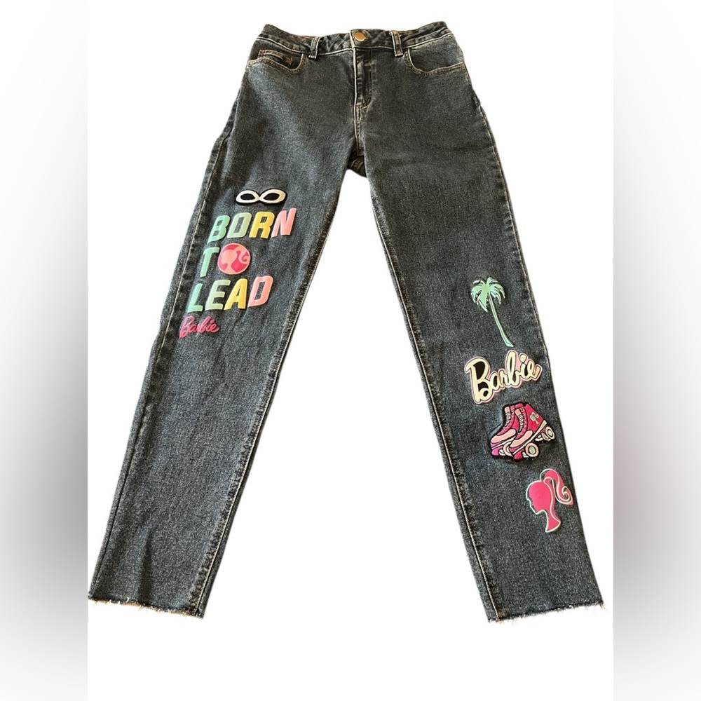 Barbie Graphic girls blue jeans size 14 patches frayed ankle - Picture 2 of 9